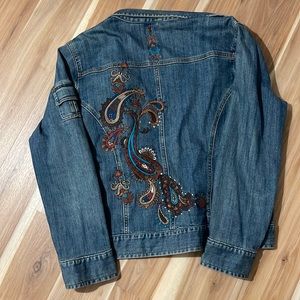 Chico's Denim Jacket with Embroidered Paisley Embellishment